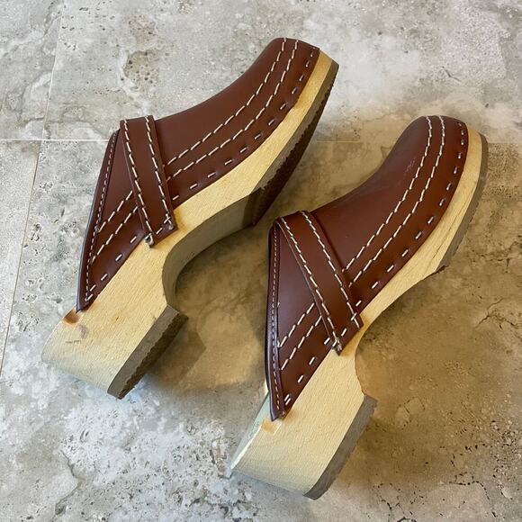 Simson Brown Leather Wood Sole Women's Clogs Slip On Size 38 EU / 7 US - Picture 4 of 10